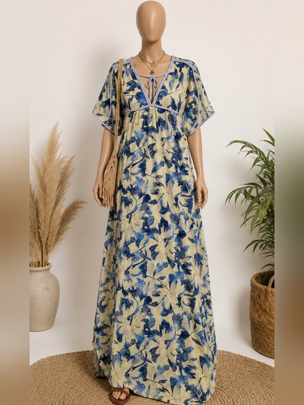 Boho Tribe Silk Blend Floral Maxi Dress One Size NWT Split Slit Blue Cream